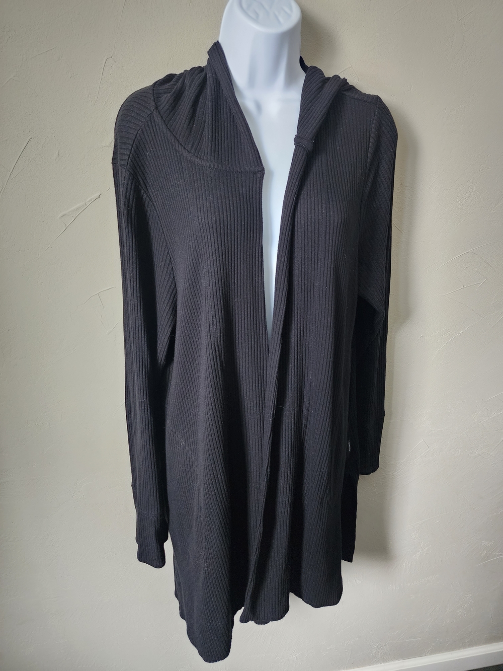 Athleta Black Ribbed Open-Front Hooded Cardigan